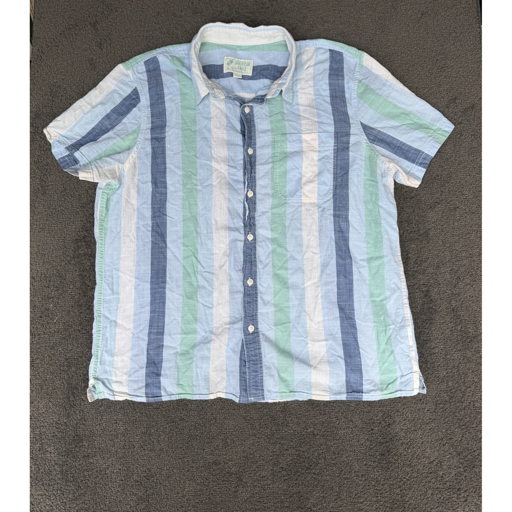 American Eagle Mens XL Striped Short Sleeve Button Down Shirt Blue Green Cotton